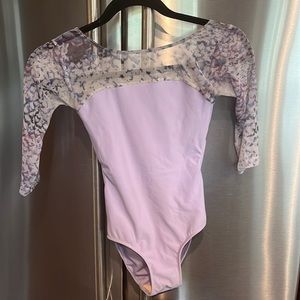 Lavender Eleve leotard with mesh top and sleeves.  Open back.